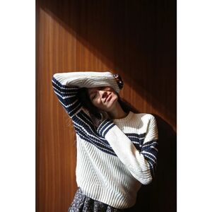 Lucky Brand chunky knit sweater White With Navy Stripes 100% cotton M #772